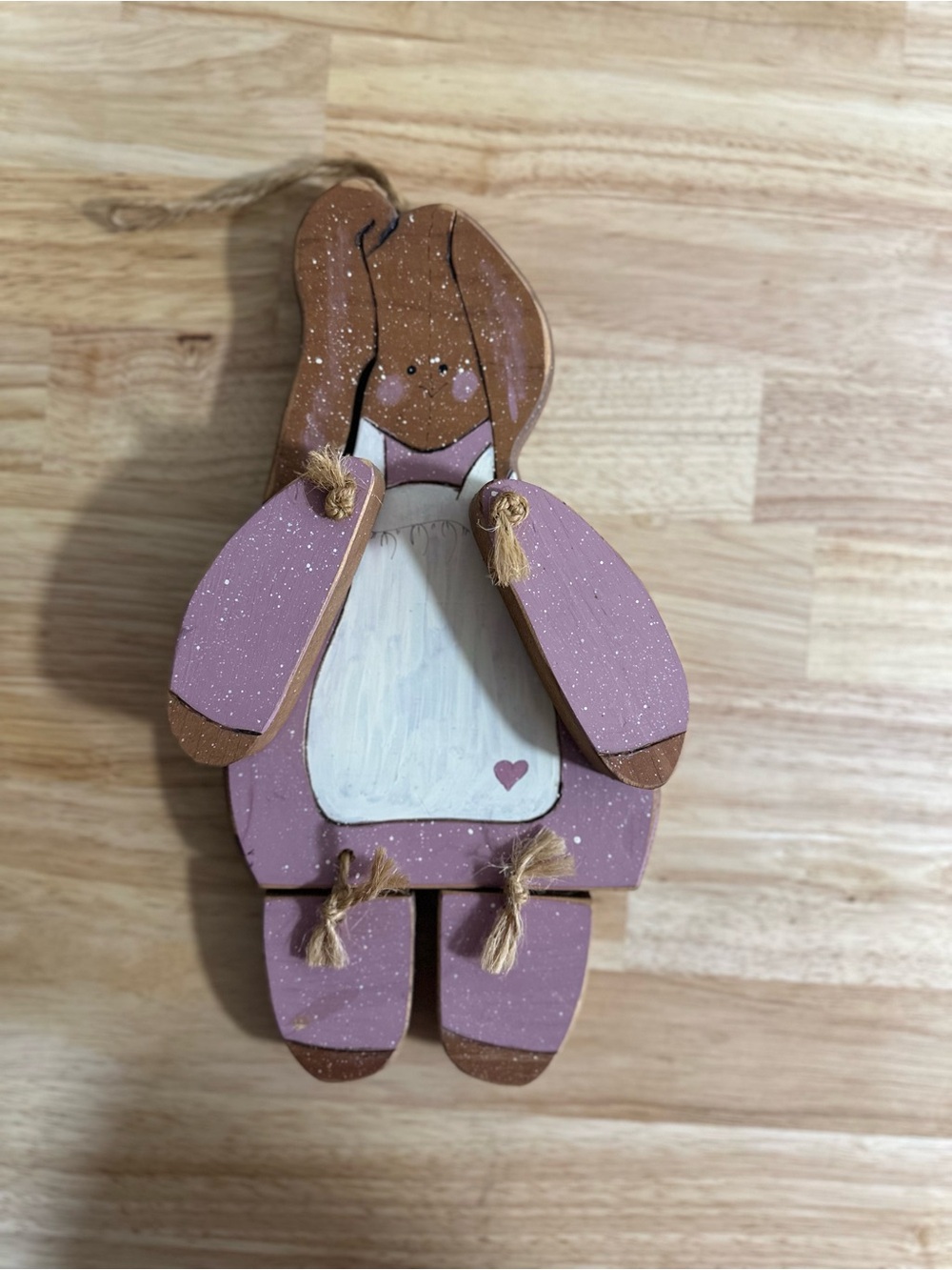 Vintage Cottage Core Purple Wooden Bunny Wall Hanging with Heart Accent